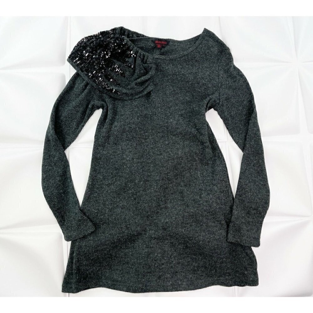 Simon Chang Womens Sz M Heathered Gray Black Sequin Ribbed Sweater Dress Shift